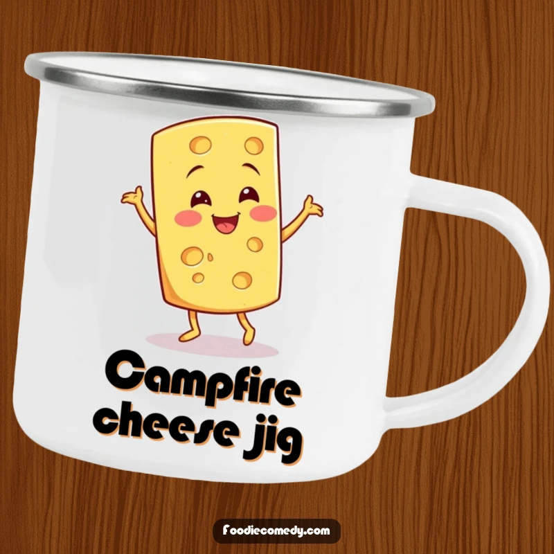 Funny Cheese Jig Camping Mug: A jigging cheese wedge brings playful and humorous vibes to the outdoors.