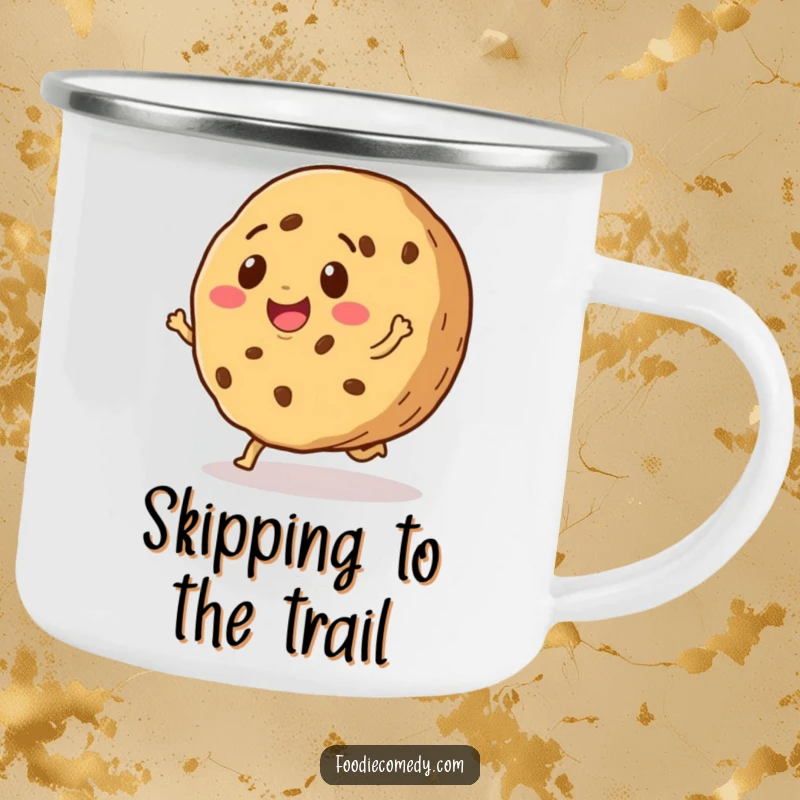 Funny camping mug featuring a smiling cookie doing a happy little skip, perfect for enjoying drinks during outdoor adventures.