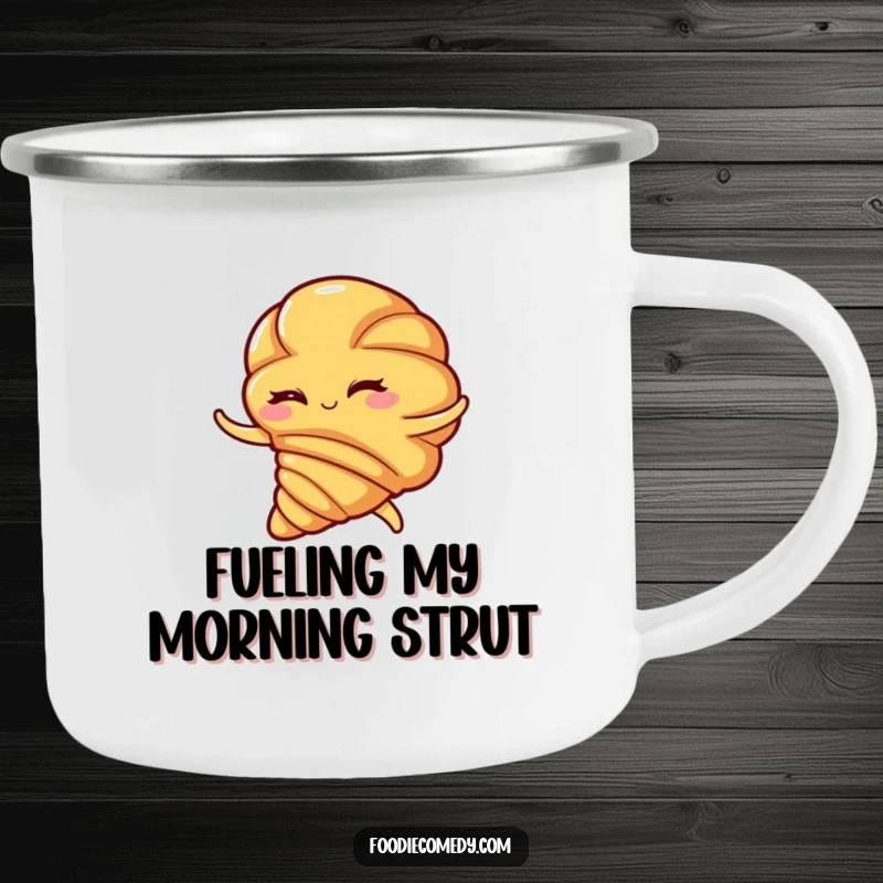 Funny camping mug, a winking croissant performing a flamboyant flamenco swirl, perfect for outdoor brews and laughs.