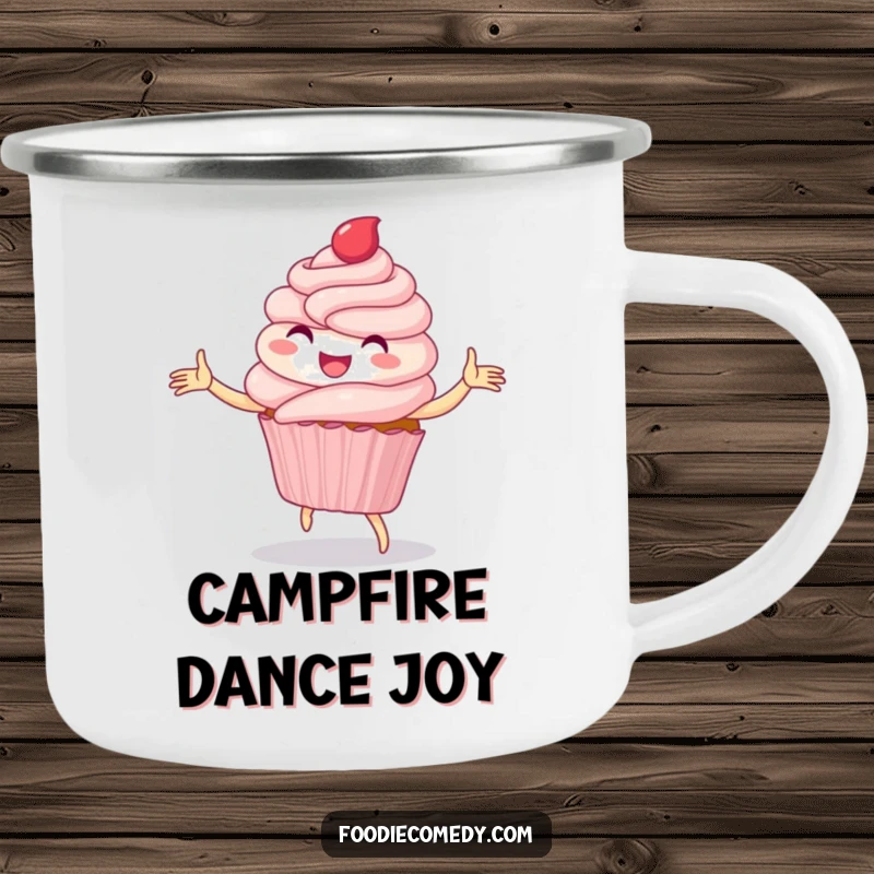 Funny camping mug featuring a delighted cupcake performing a whimsical folk dance, ready for outdoor fun.
