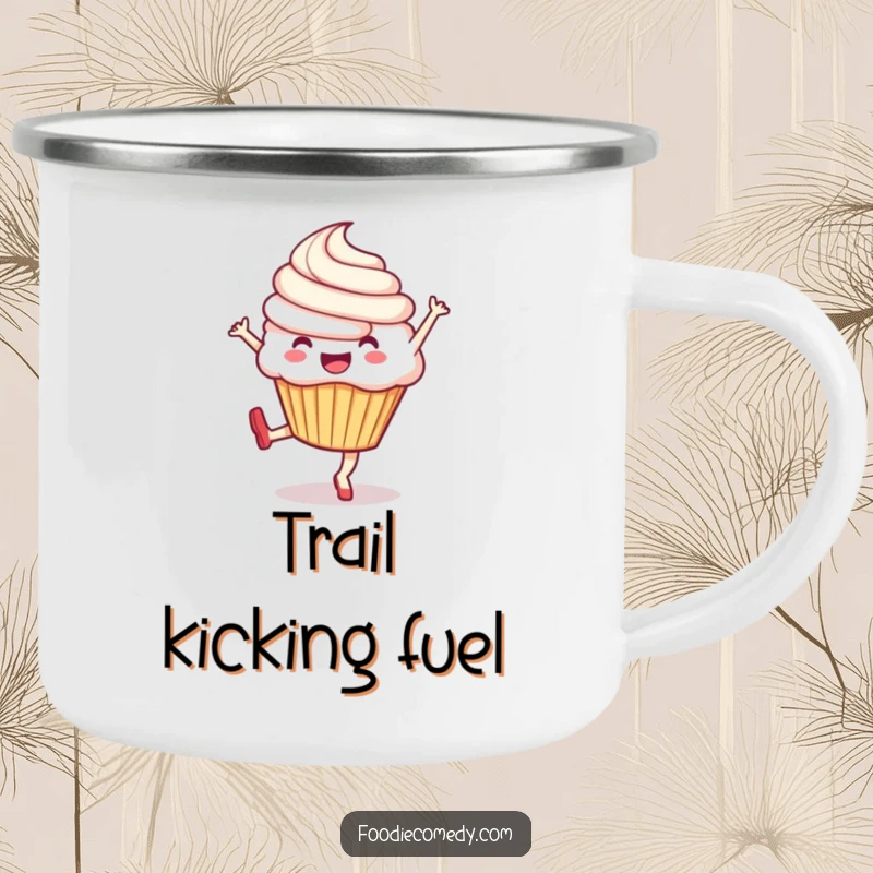 Funny camping mug featuring an exuberant cupcake performing a lively kick, perfect for enjoying drinks during outdoor adventures.
