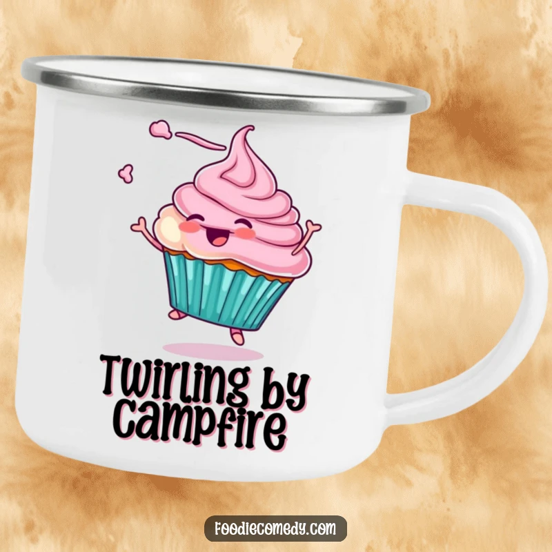 Funny camping mug showcasing a cupcake character twirling with frosting, perfect for outdoor adventures and adding a dose of sweet humor to your travels. A durable funny gift.