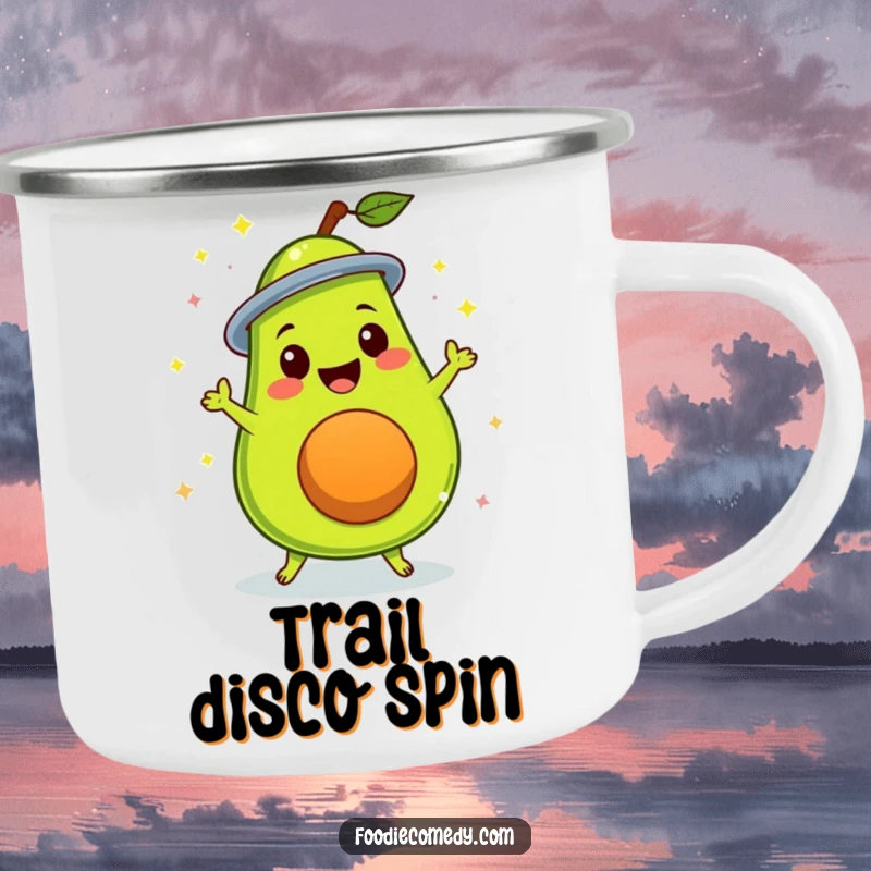 Funny delighted avocado doing a disco spin on a durable camping mug, perfect for groovy outdoor adventures.