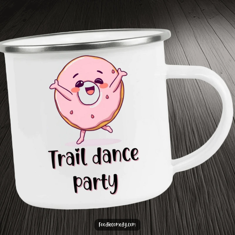 Funny donut character breakdancing on a durable camping mug, perfect for outdoor humor.
