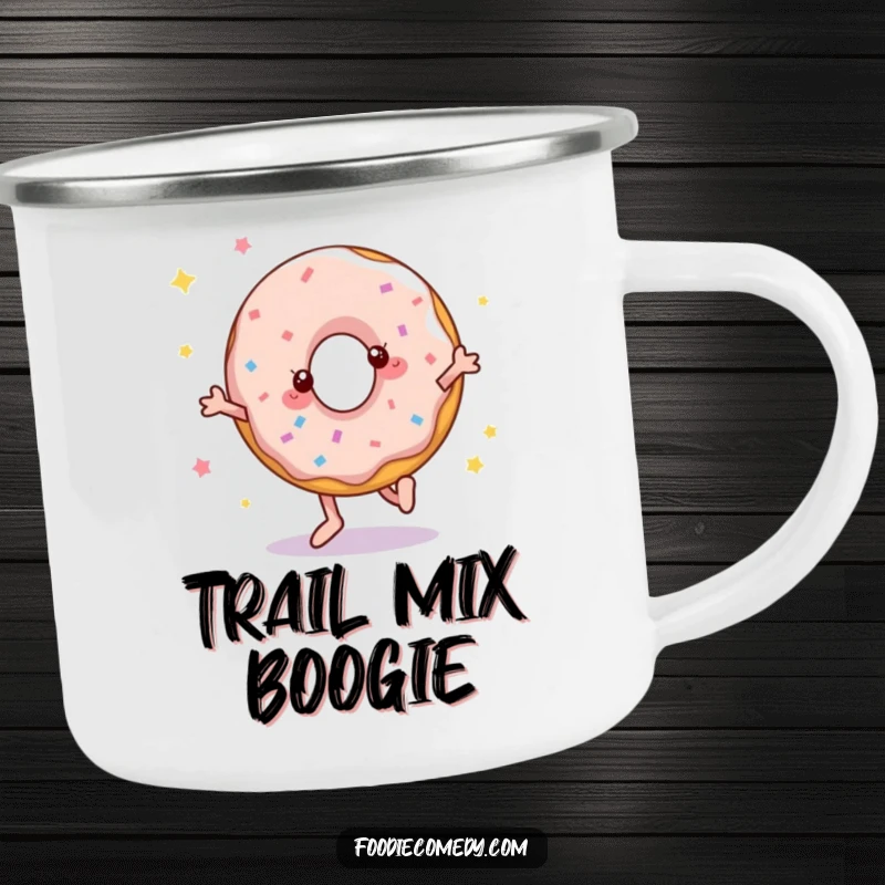 Funny camping mug featuring a donut disco dancing, perfect for enjoying drinks outdoors with a cheerful and humorous vibe.