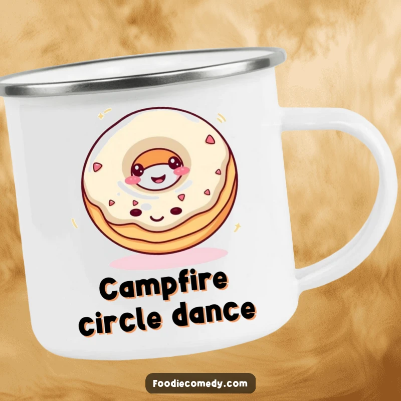 Funny donut camping mug with a smiling donut spinning rapidly, ideal for outdoor enthusiasts.
