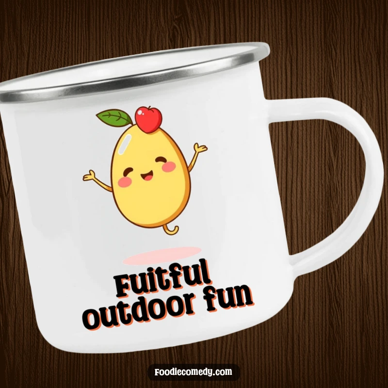 Funny camping mug depicting a vibrant piece of fruit character doing a merry jig, perfect for enjoying beverages outdoors.
