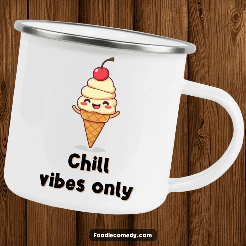 Funny ice cream cone camping mug, a giggling character with a cherry on top, spinning with joy, durable and fun.