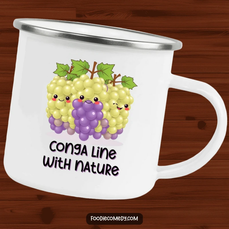 Funny Grape Campfire Mug: A durable mug featuring a conga-lining bunch of grapes, perfect for outdoor enjoyment and festive sips.