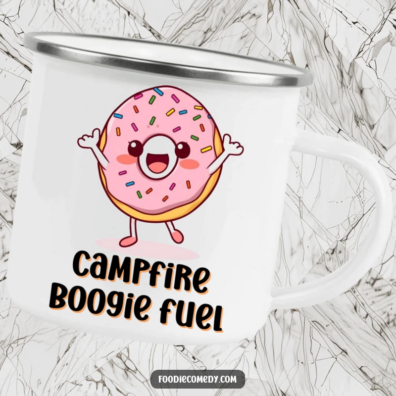 Funny Donut Camping Mug: A happy donut character with sprinkles dances, ready for outdoor fun.