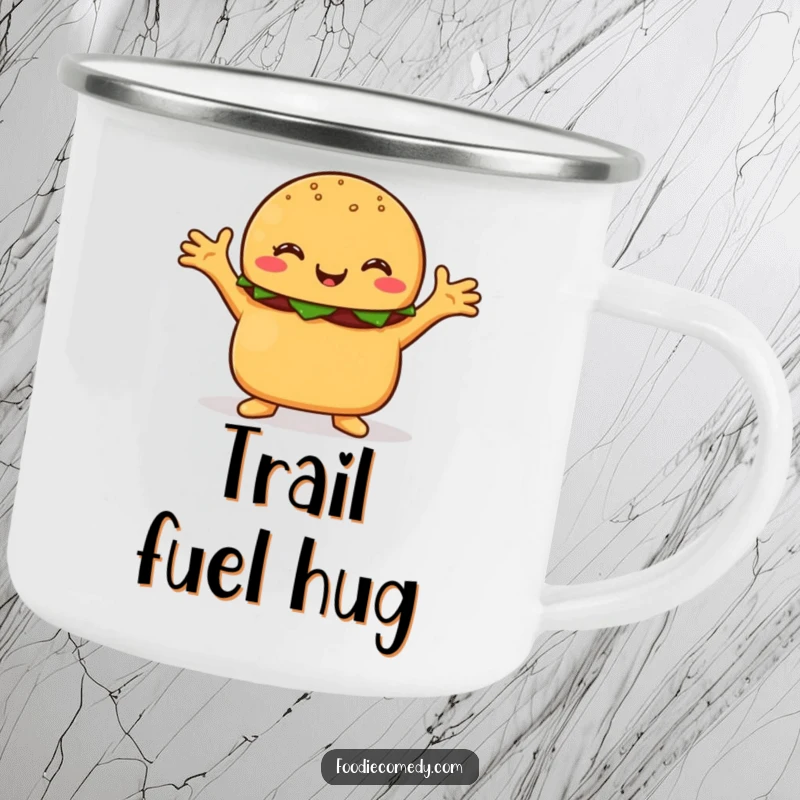 Funny burger camping mug, a happy burger character with arms outstretched, ready for an outdoor embrace.