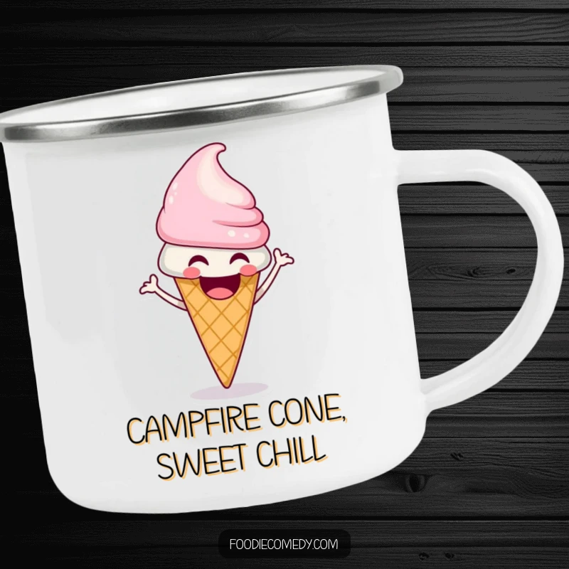 Funny ice cream cone camping mug with a laughing character doing a funky shimmy, great for sweet adventures.