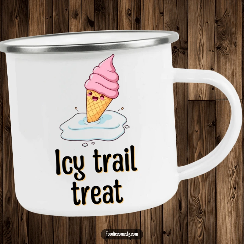 Funny gleeful ice cream cone sliding across a frozen surface, on a camping mug, a humorous outdoor dessert gift.
