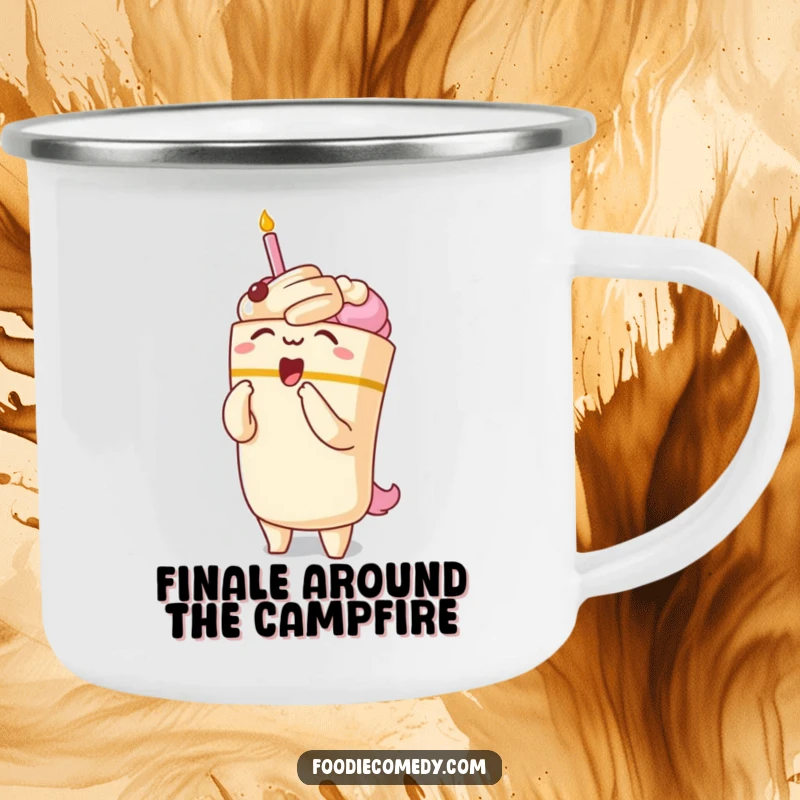 Funny camping mug showing a kawaii cake character in a dramatic opera bow, perfect for outdoor coffee breaks.