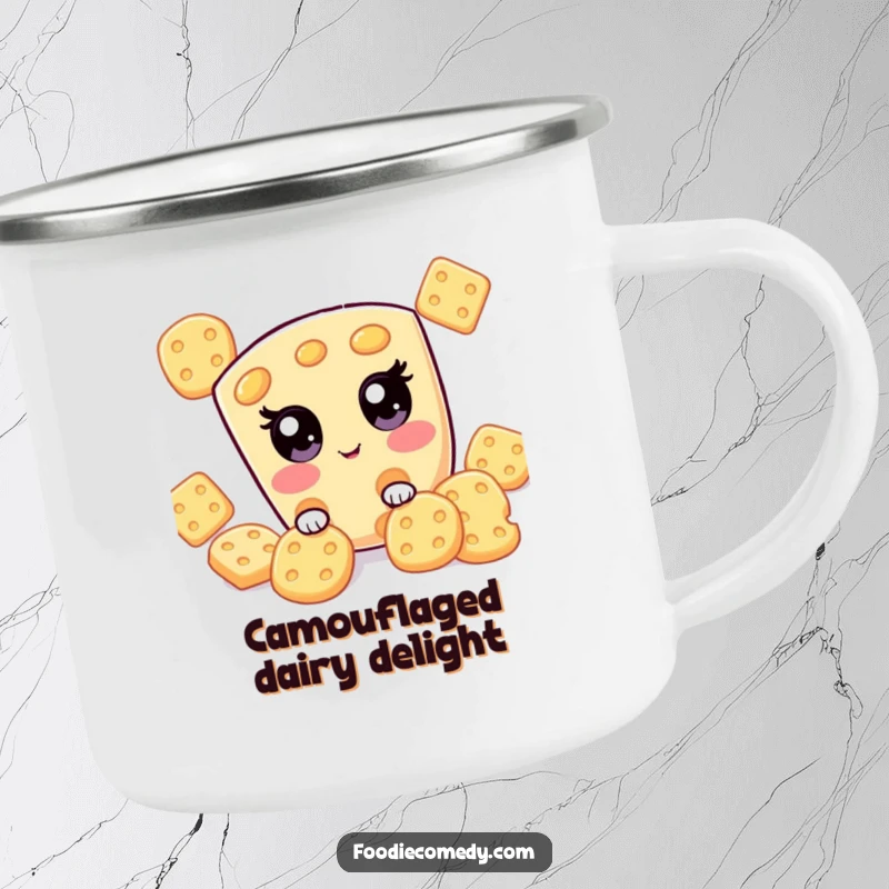 Funny kawaii cheese slice playing hide-and-seek on this rugged camping mug, ideal for outdoor humor.
