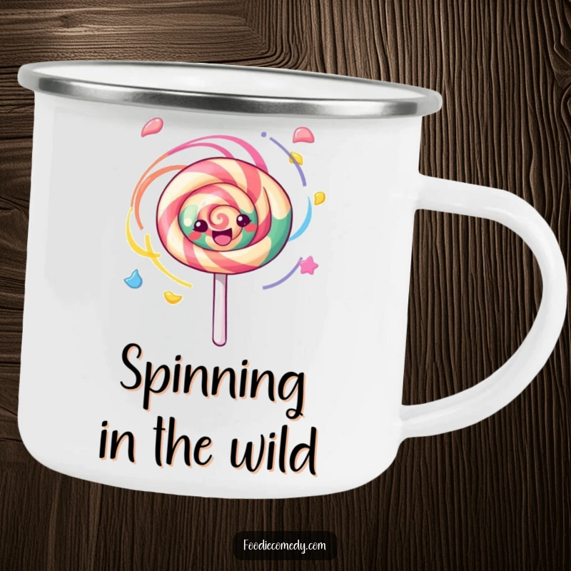 Funny kawaii lollipop joyfully spinning with colorful swirls on this rugged camping mug, ideal for outdoor cheer.