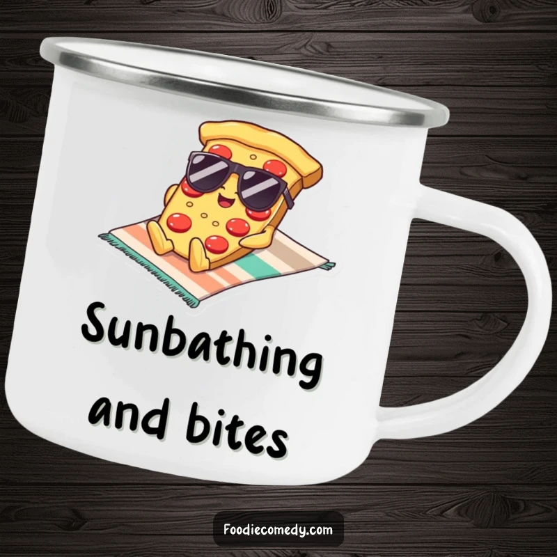 Funny Kawaii Pizza Sunglasses Camping Mug: A sturdy mug with a cool pizza slice in sunglasses lounging on a beach towel, bringing humorous vibes outdoors.