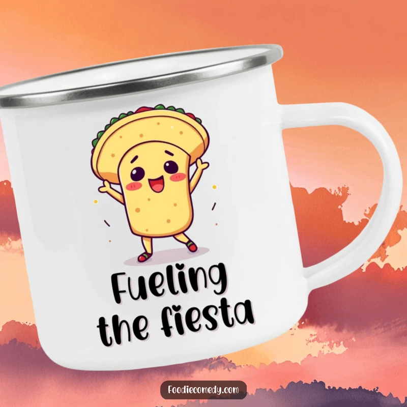Funny kawaii taco camping mug, enamel cup with an excited taco doing a flamboyant salsa dance, outdoor fiesta humor, cute enamelware, perfect funny gift.
