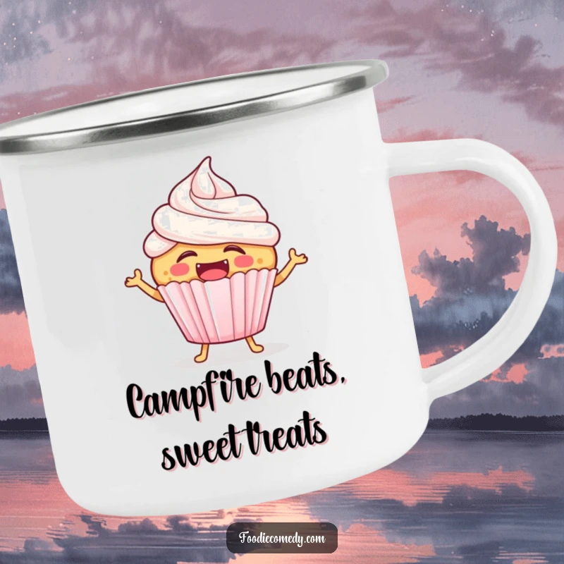 Funny laughing cupcake camping mug showing a joyful cupcake with frosting, hopping to a beat, ready for adventure.