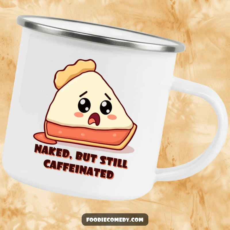 Funny camping mug featuring a pie slice looking surprised by its missing crust, for outdoor fun.