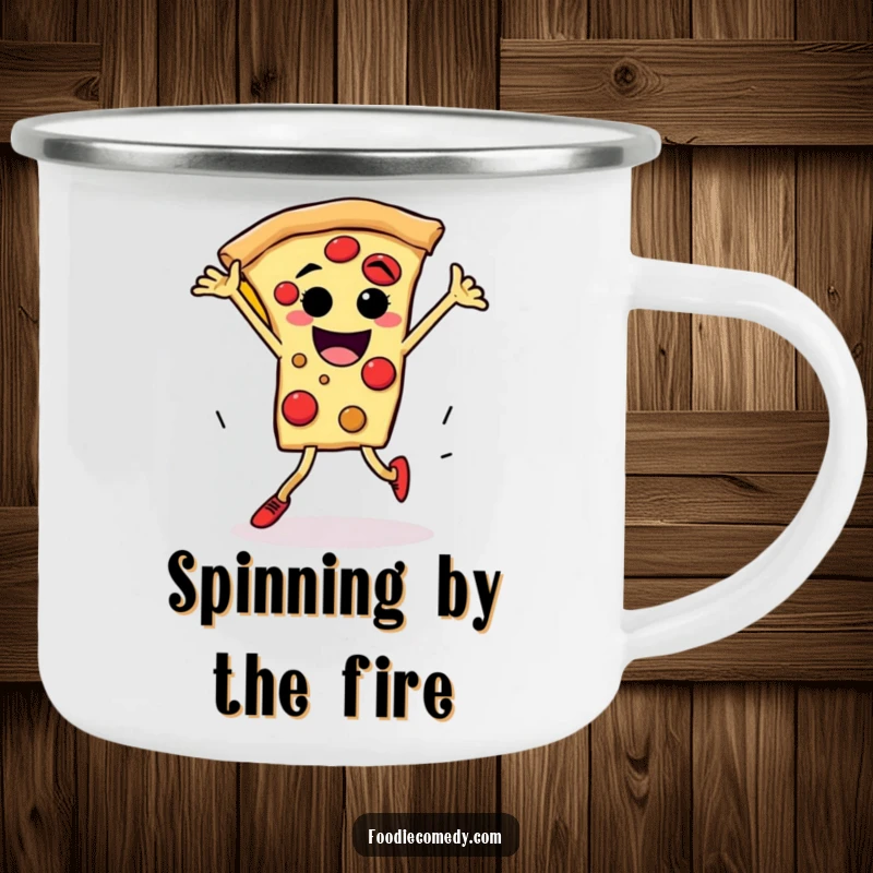 Funny pizza breakdance camping mug showing a pizza slice character with legs spinning energetically, perfect for outdoor use.