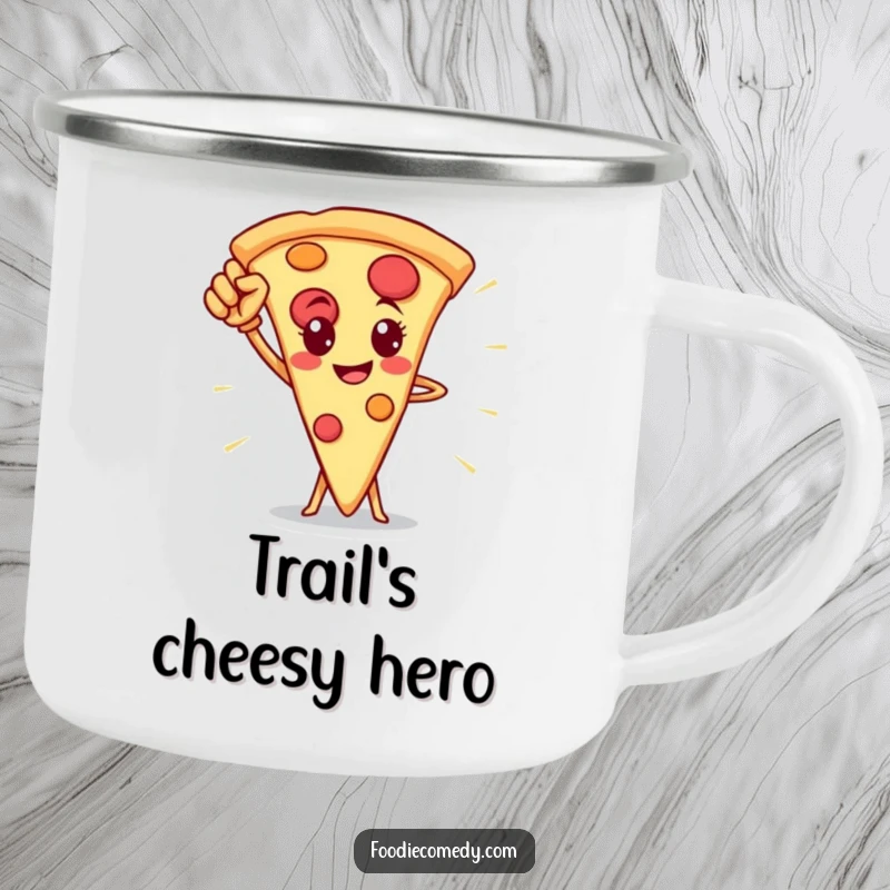 Funny pizza slice hero camping mug, a brave pizza character ready for outdoor adventures and laughter.
