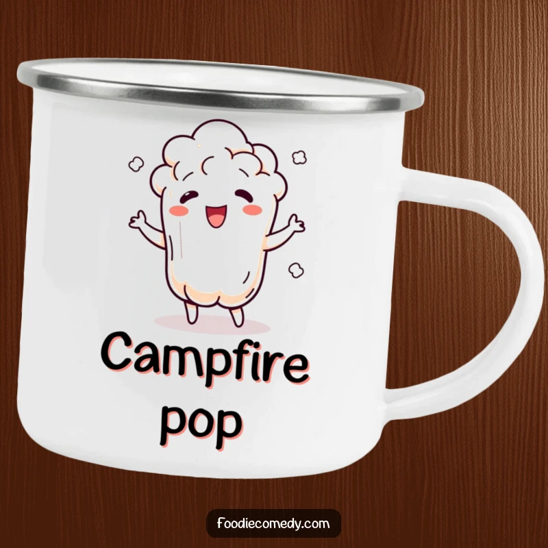 Funny popcorn camping mug with a dancing popcorn kernel popping and jiggling with rhythm, perfect for outdoor fun.