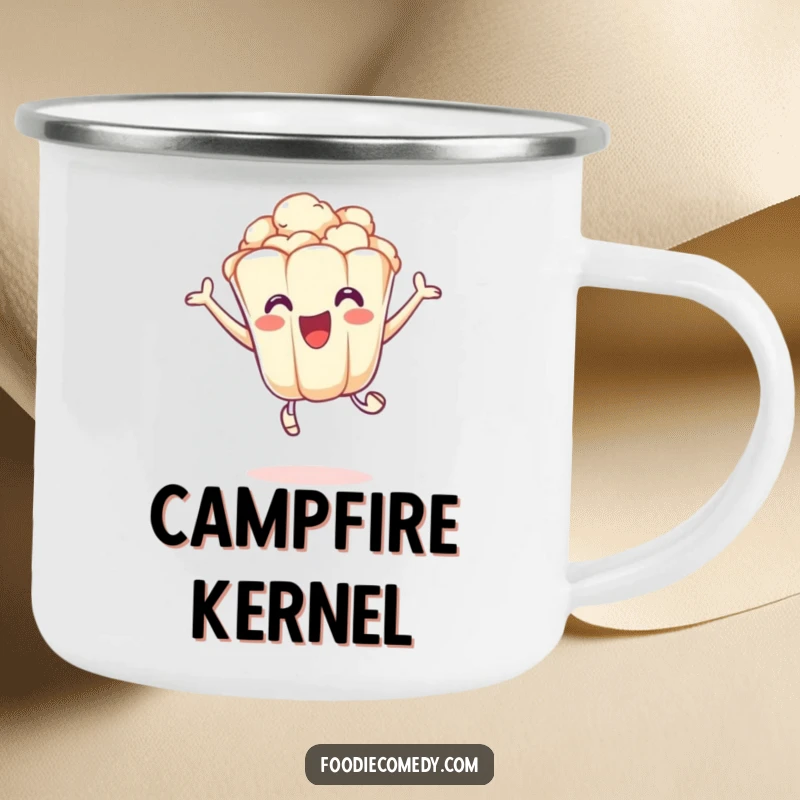 Funny camping mug with an excited popcorn kernel doing a playful leap, perfect for energetic outdoor moments.