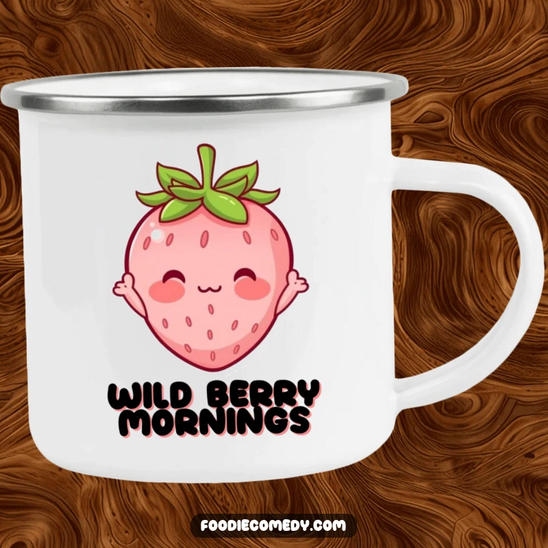 Funny camping mug featuring a blushing strawberry character with tiny arms waving shyly, bringing bashful charm to outdoor occasions.