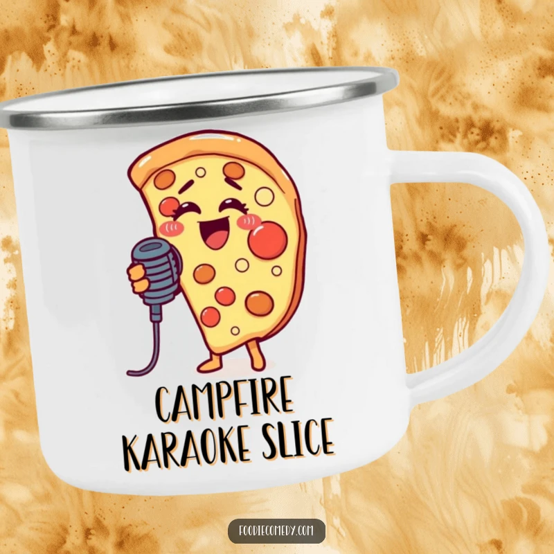 Funny camping mug featuring a pizza slice with a microphone, perfect for enjoying beverages during outdoor musical adventures.