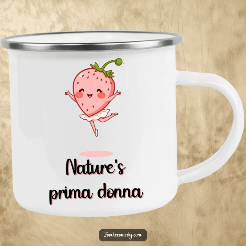 Funny Strawberry Campfire Mug: A durable mug featuring a strawberry ballerina, perfect for enjoying beverages outdoors with style.