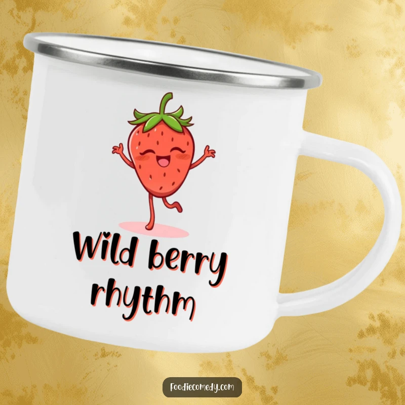 Funny strawberry camping mug with a giggling strawberry doing a lively flamenco step, perfect for outdoor fun.