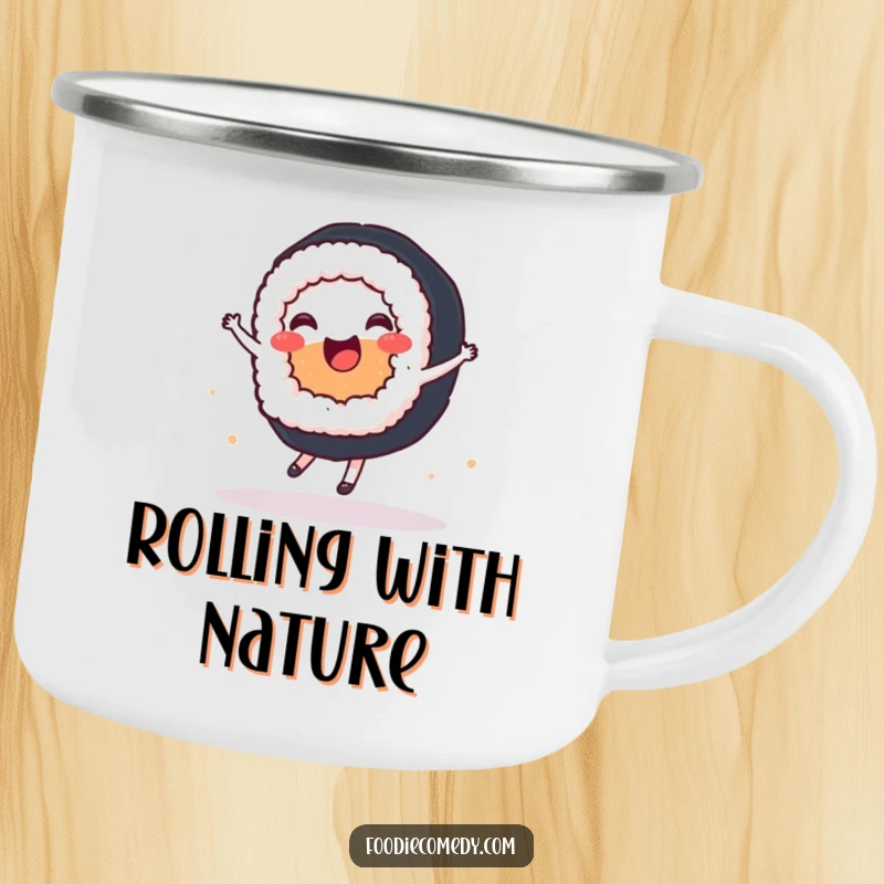 Funny camping mug depicting a joyful sushi roll performing a ballet spin, perfect for enjoying beverages outdoors.