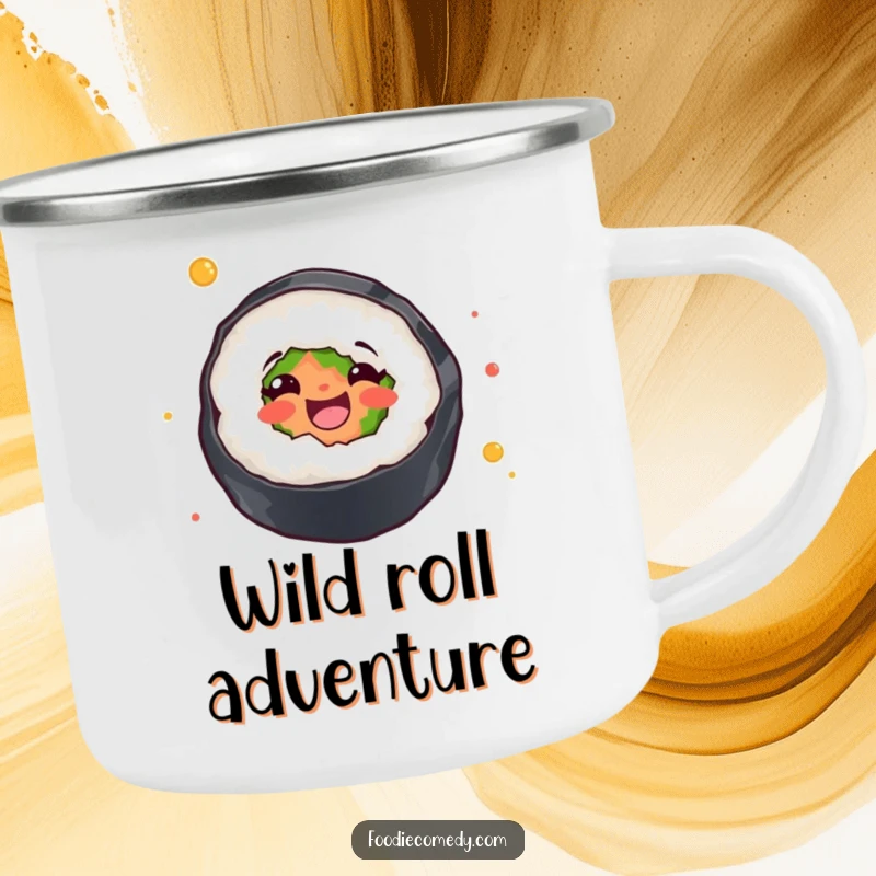 Funny camping mug featuring a sushi roll joyfully twirling, perfect for enjoying drinks outdoors with a humorous food theme.