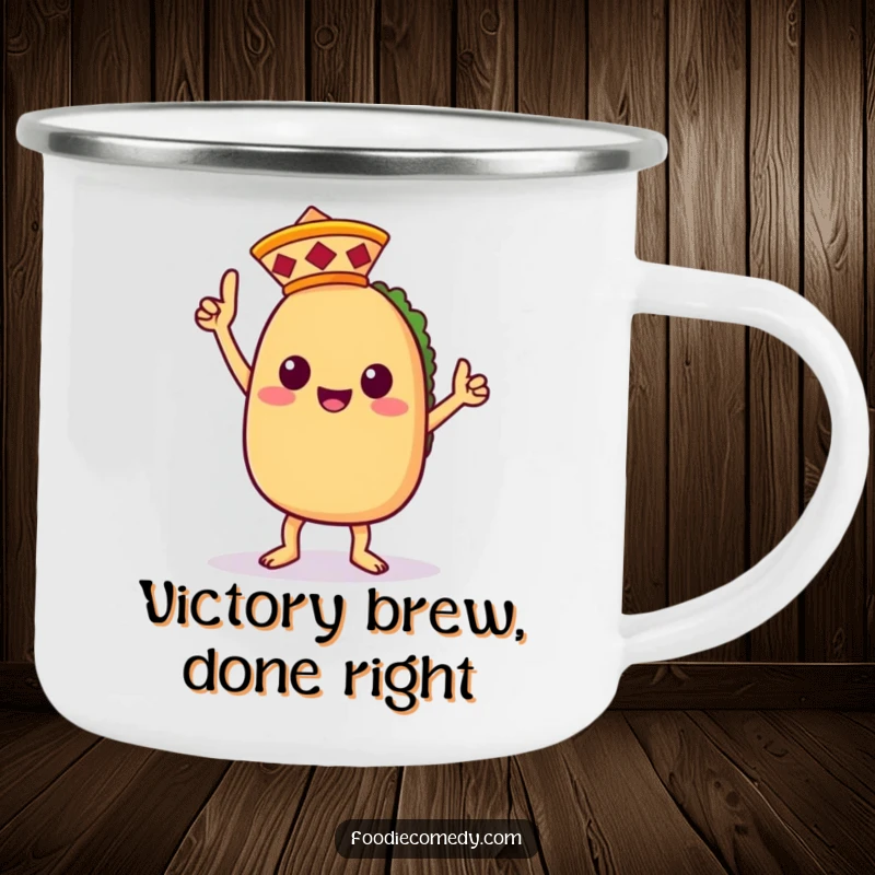 Funny camping mug featuring a cheerful kawaii taco character in a victory dance, with a tiny sombrero, for rugged use.