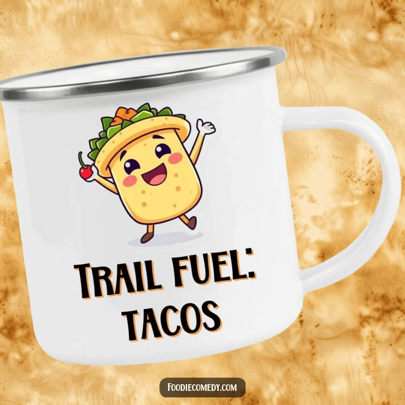 Funny Camping Mug: A taco character dances a jig with a chili pepper in a rugged outdoor setting, perfect for adventurous humor.