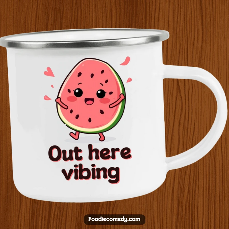 Funny Watermelon Campfire Mug: A durable mug featuring a dancing watermelon slice, perfect for outdoor enjoyment and laughter.