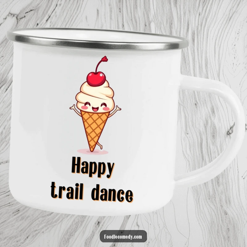 Funny camping mug with a kawaii ice cream cone and cherry head doing a happy jig, perfect for campers who enjoy sweet humor.