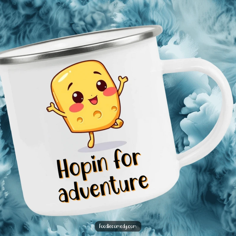 Funny camping mug with a cheerful cheese slice character doing a bouncy hop. Perfect for outdoor enthusiasts who love humor.