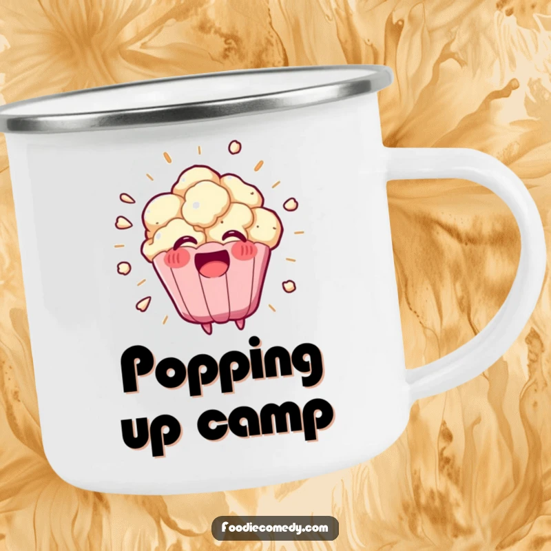 Funny kawaii popcorn kernel exploding into a happy burst on this rugged camping mug, ideal for outdoor fun.