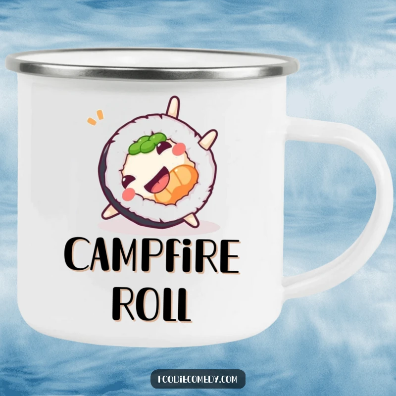 Funny Sushi Somersault Camping Mug with a roll doing a playful somersault, ideal for campers and sushi lovers.