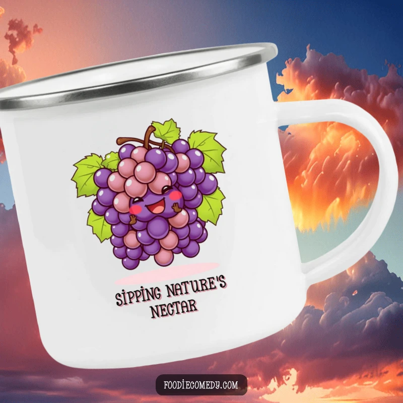 Funny camping mug, a bunch of grapes doing a playful cha-cha, perfect for outdoor brews and fruity fun.