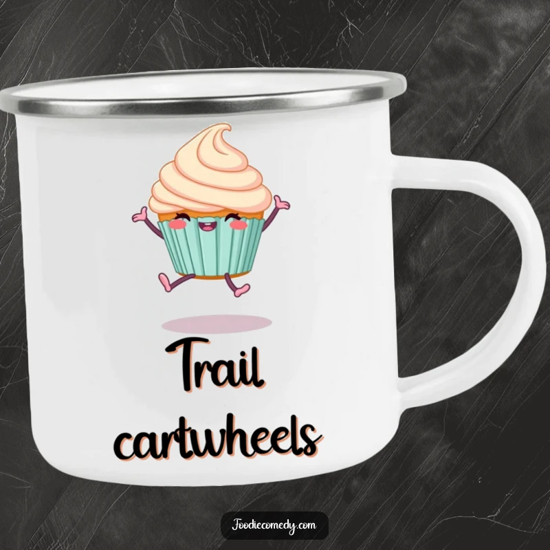 Funny Cupcake Cartwheel Camping Mug with a happy dessert doing a cartwheel, ideal for campers and those with a sweet tooth.