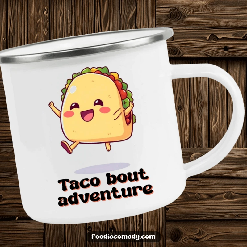 Funny camping mug showing a cheerful taco with tiny legs jumping in the air, for your festive outdoor sips.