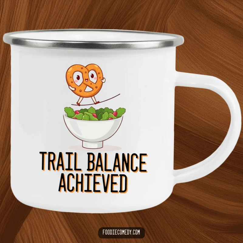 Funny kawaii pretzel camping mug, enamel cup with a brave pretzel doing a tightrope walk over a salad bowl, outdoor daredevil humor, cute enamelware, perfect funny gift.