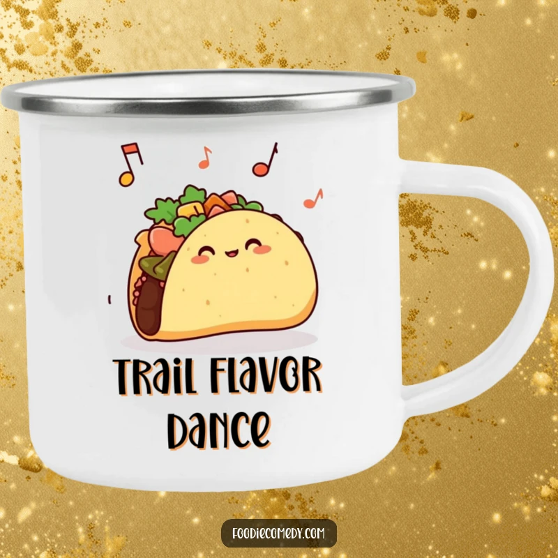 Funny taco camping mug with a taco shell jiggling to music, ideal for outdoor enthusiasts.