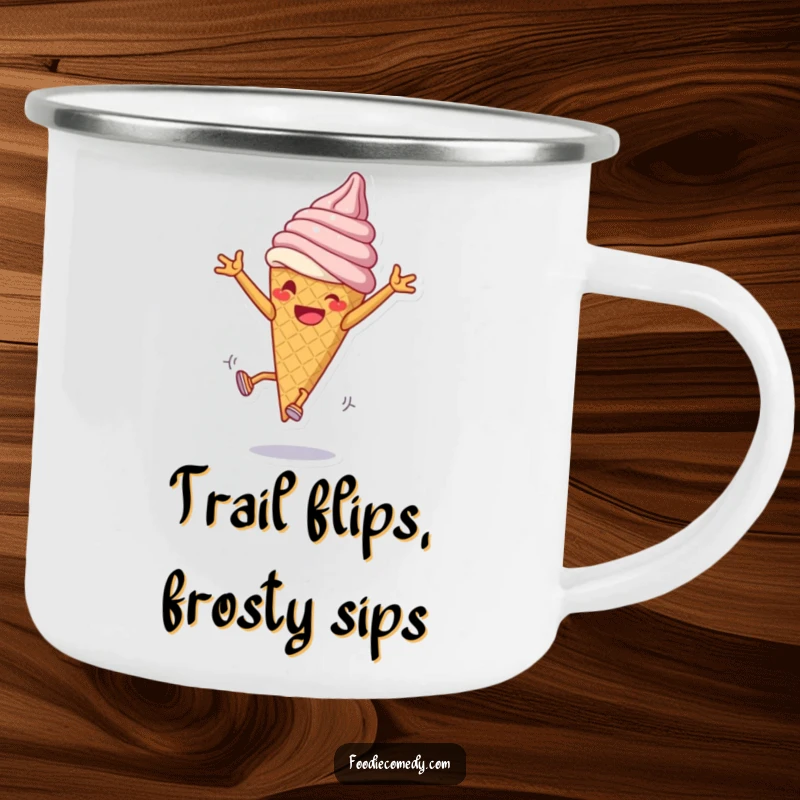 Funny Ice Cream Cartwheel Camping Mug: A cartwheeling ice cream cone brings playful and humorous vibes to the outdoors.