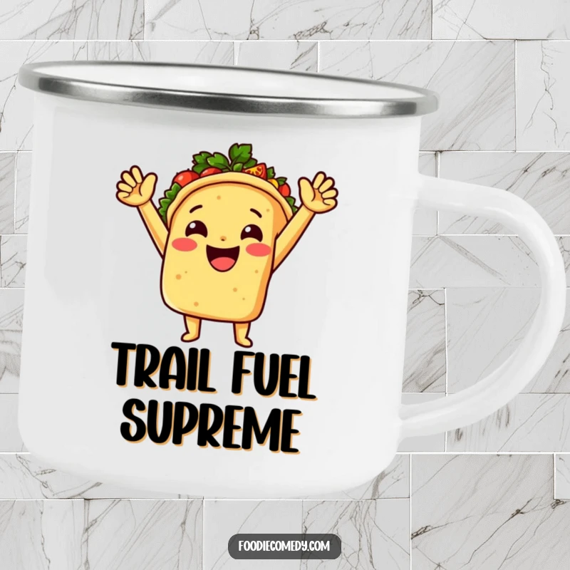 A cheerful taco with arms raised, surrounded by spicy salsa, on a durable and humorous camping mug.