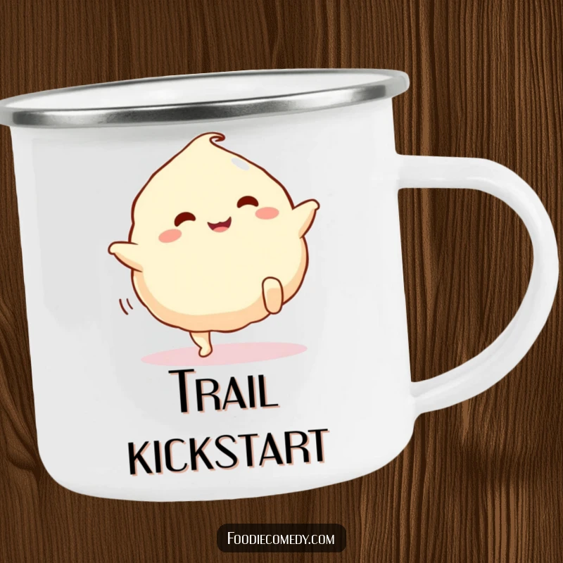 Funny dumpling camping mug, a durable cup with a cute cartoon dumpling with legs doing a happy kick.