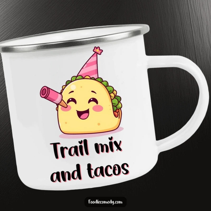 Funny Taco Camping Mug: A smiling taco wearing a party hat and blowing a horn, perfect for outdoor fiesta fun.